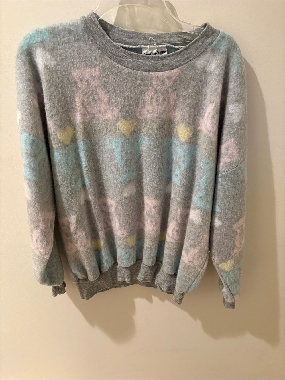 Cozy Gray Crewneck Sweater with Pastel Hearts